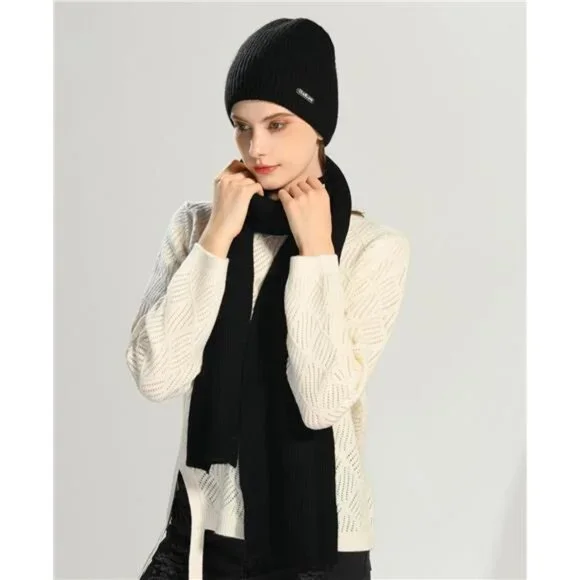Unisex Cashmere Beanie Hat Scarf Set Winter Knit Long Scarf Neck Warmer